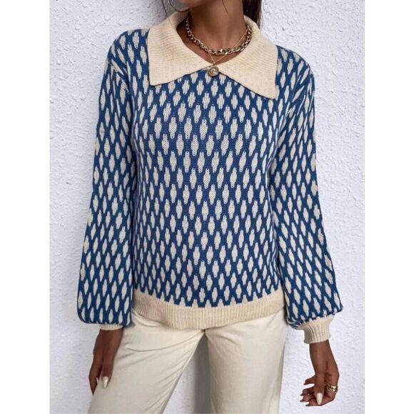 Womens Shein Argyle Print Split Neck Lantern Sleeve Sweater - Sz L - Picture 1 of 2